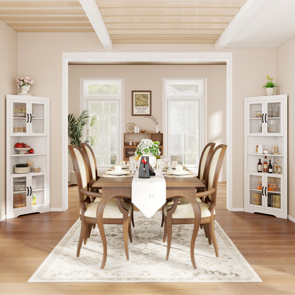 Triangular buffet cabinet with tempered glass doors, featuring rustic style and versatile storage for living spaces.