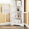 Corner cabinet with tempered glass doors, featuring 2 adjustable shelves for versatile storage in white finish.