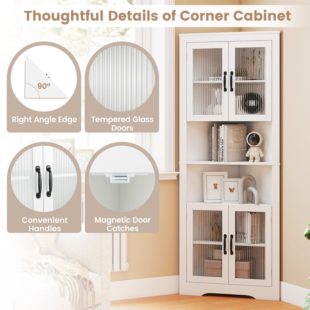 Corner cabinet with tempered glass doors, 90° right-angle design, and adjustable shelves for versatile storage in white.