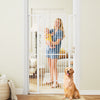 Extra tall 67.5" white pet gate with a 30.5"-41" wide opening, ideal for doorways and kitchens, featuring a small pet.