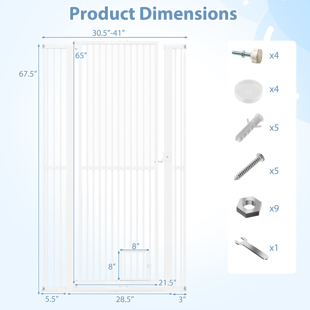 Extra tall 67.5" white metal pet gate with 30.5"-41" adjustable width, ideal for doorways and kitchens.