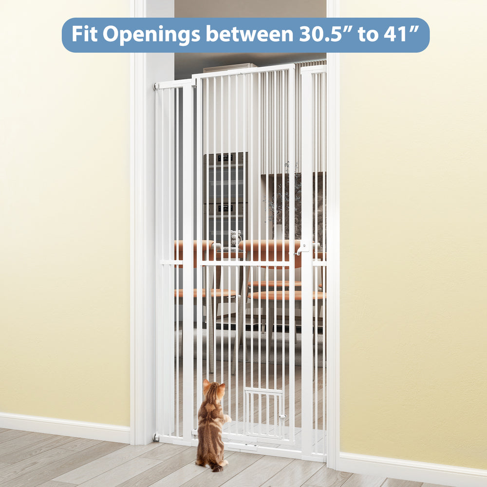 Extra tall 67.5" white pet gate fitting openings 30.5"-41", ideal for doorways and kitchens, ensuring pet safety.