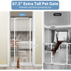 67.5" extra tall white metal pet gate with 30.5"-41" wide opening, designed to prevent cats from jumping out.