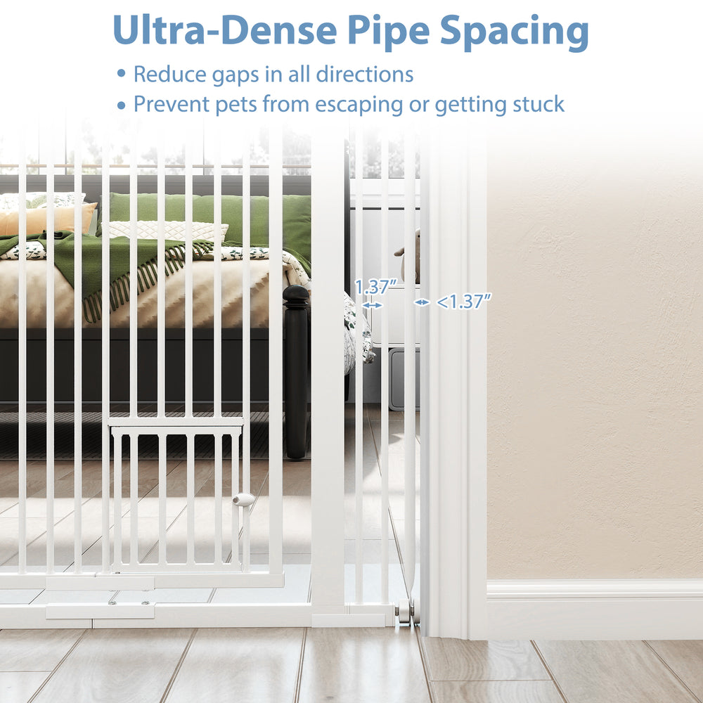 Extra tall 67.5" white pet gate with ultra-dense 1.37" pipe spacing, ideal for doorways and easy installation.