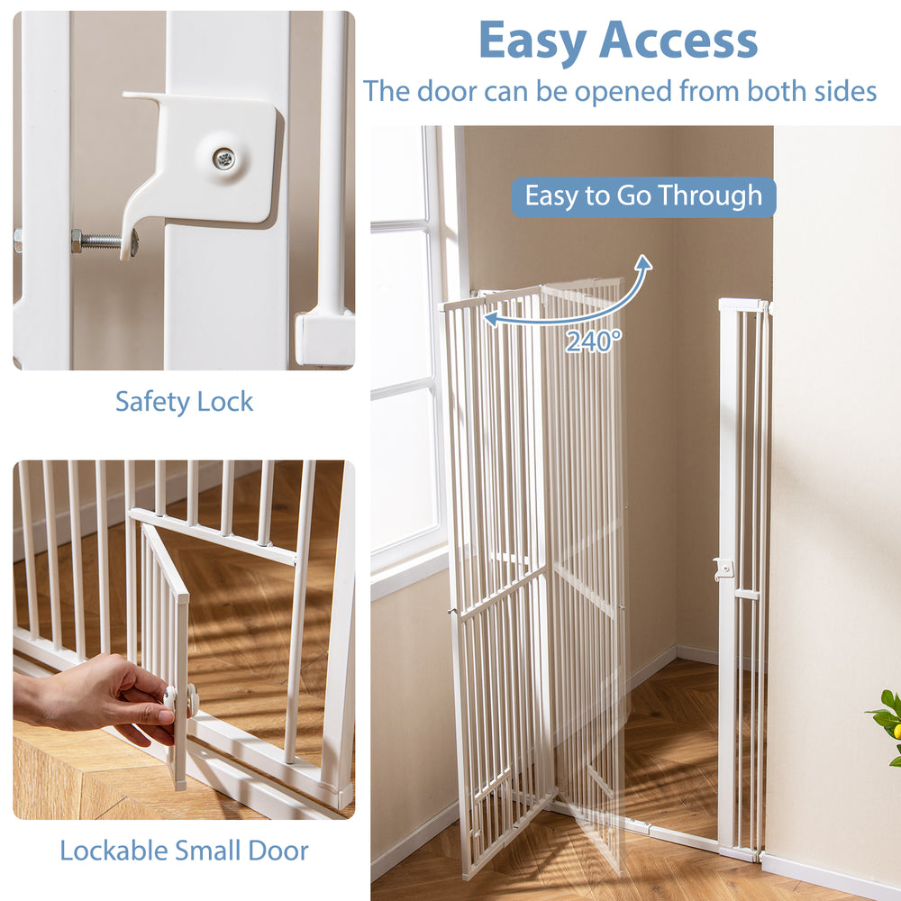 Extra tall 67.5" white metal pet gate with lockable small door, easy access from both sides for doorways and kitchens.