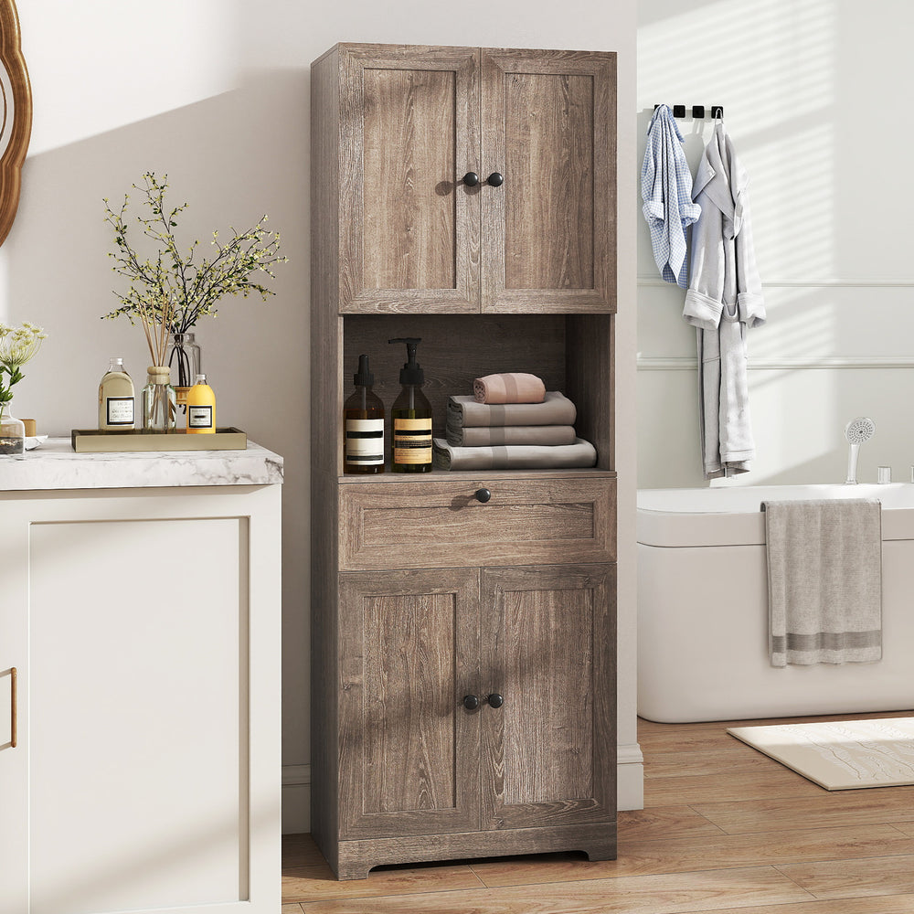 Tall modern oak storage cabinet with 4 doors and 1 drawer, perfect for versatile storage in bathrooms or kitchens.