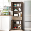 Tall oak storage cabinet with 4 doors and 1 drawer, featuring adjustable shelf for versatile kitchen or living room use.