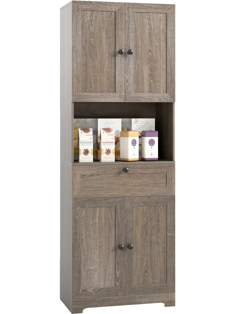 Tall modern freestanding storage cabinet in oak with 4 doors, 1 drawer, and adjustable shelf for versatile organization.