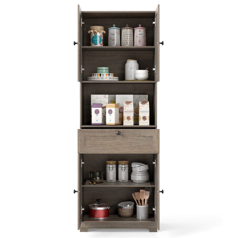 Tall oak storage cabinet with 4 doors, 1 drawer, and adjustable shelf, perfect for kitchens or living rooms.