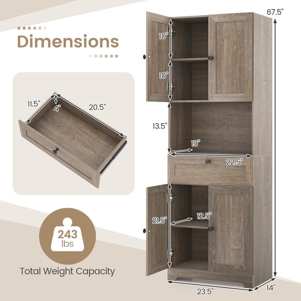 67.5-inch tall oak storage cabinet with 4 doors, 1 drawer, and adjustable shelf for versatile home organization.