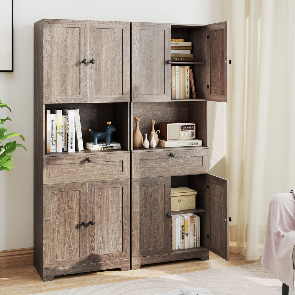 Freestanding oak storage cabinet with open space for displaying decor, 4 doors, 1 drawer, and adjustable shelf for home.