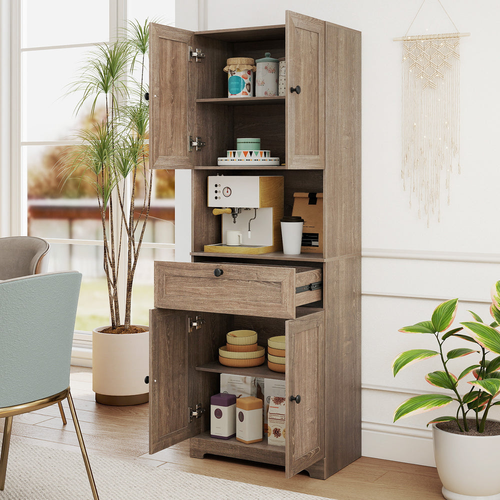 Tall oak storage cabinet with 4 doors and 1 drawer, featuring adjustable shelf and elegant round handles for versatile.