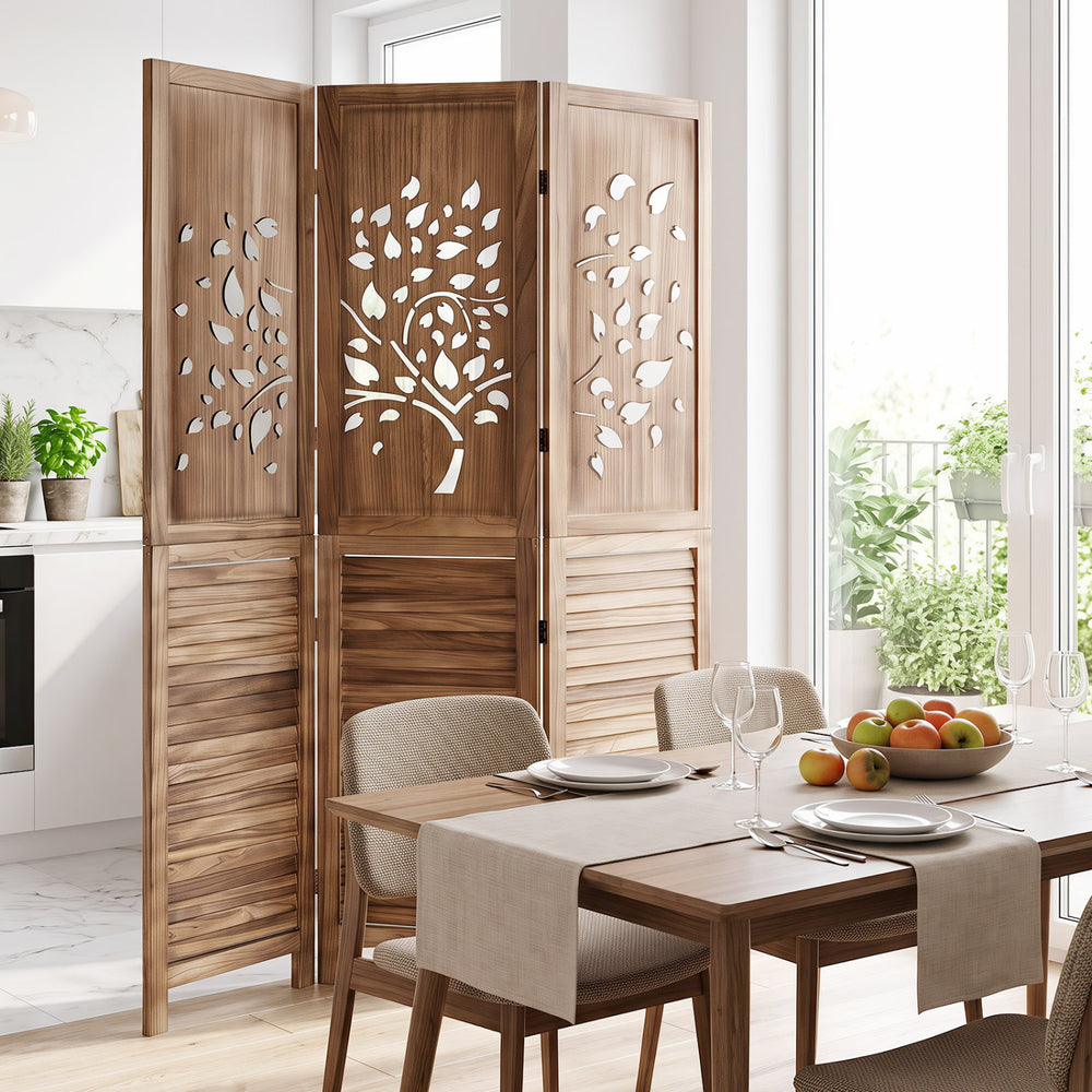 Folding room divider with tree cutout in rustic brown, showcasing its elegant design while enhancing space with style.