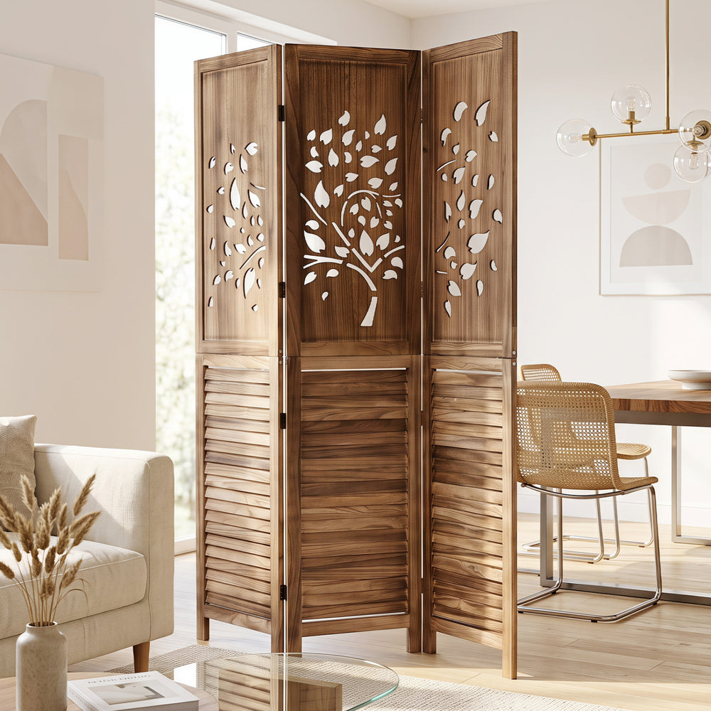 Folding room divider with tree cutout and louver design in rustic brown, ideal for separating living and dining areas.