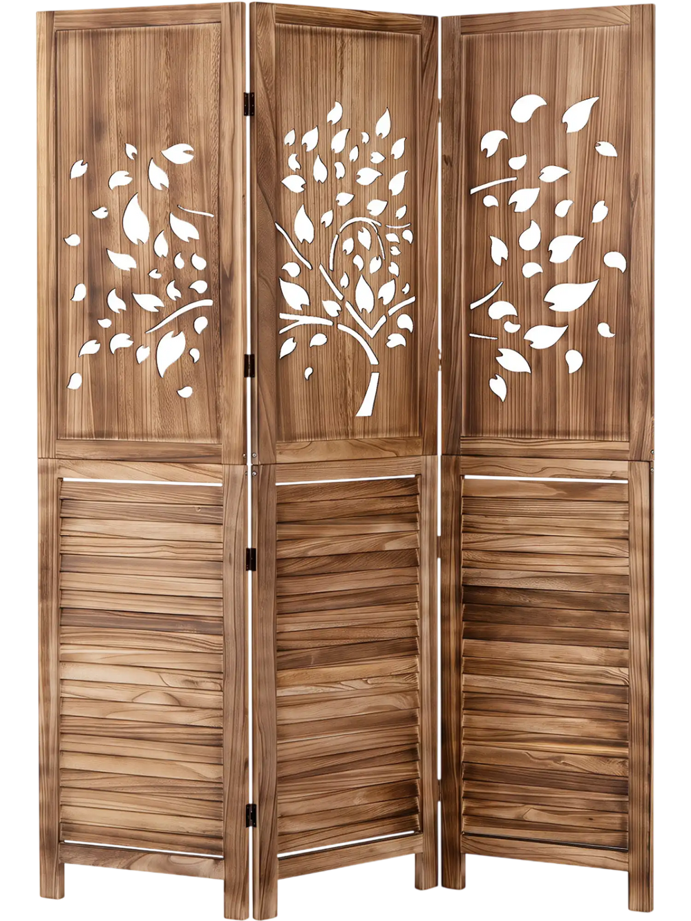 Folding room divider with tree cutout and louver design, 67" tall, adds rustic charm and partial privacy to any space.