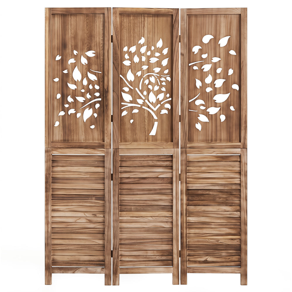 Folding room divider featuring a tree cutout and louver design, showcasing a rustic brown finish for stylish room separation.
