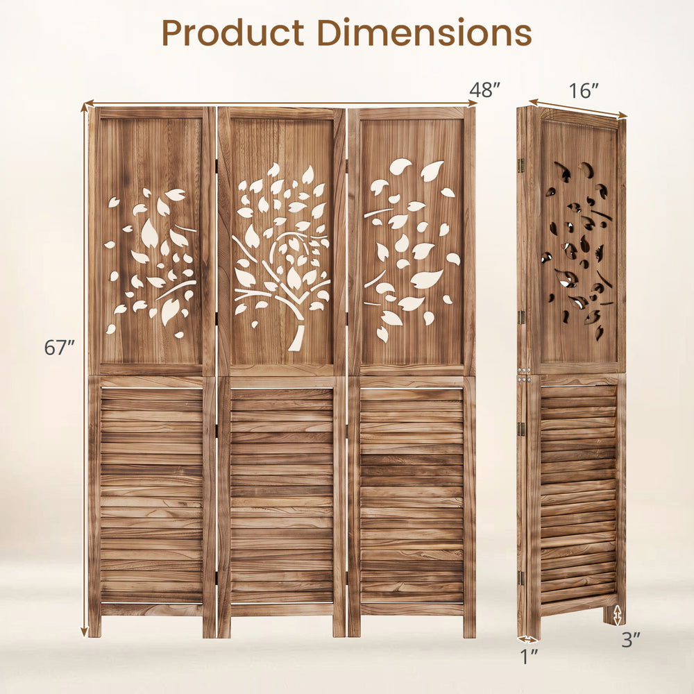Folding room divider with tree cutout and louver design, measuring 67" tall and 48" wide for stylish space separation.