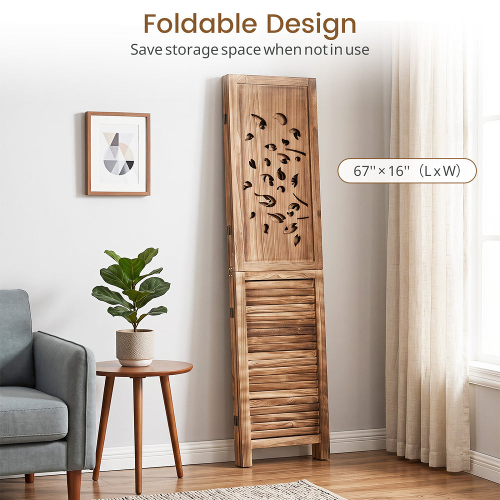 Folding room divider with tree cutout and louver design, 67" tall, adds rustic charm while providing partial privacy.