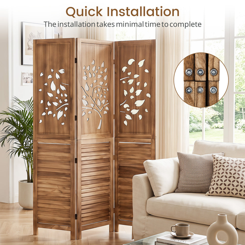 Folding room divider with tree cutout and louver design, 67" tall, offers quick installation and partial privacy for spaces.