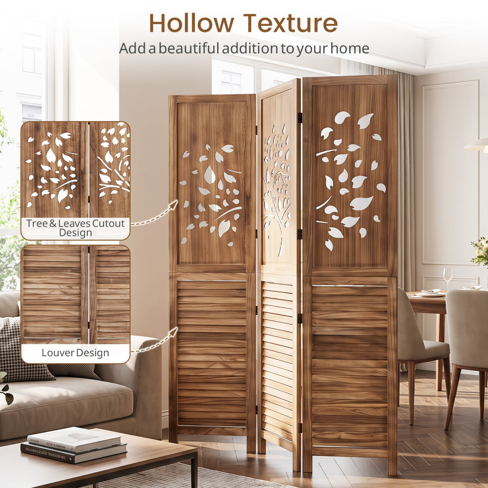 Folding room divider with tree cutout and louver design in rustic brown, ideal for creating partial privacy in living spaces.