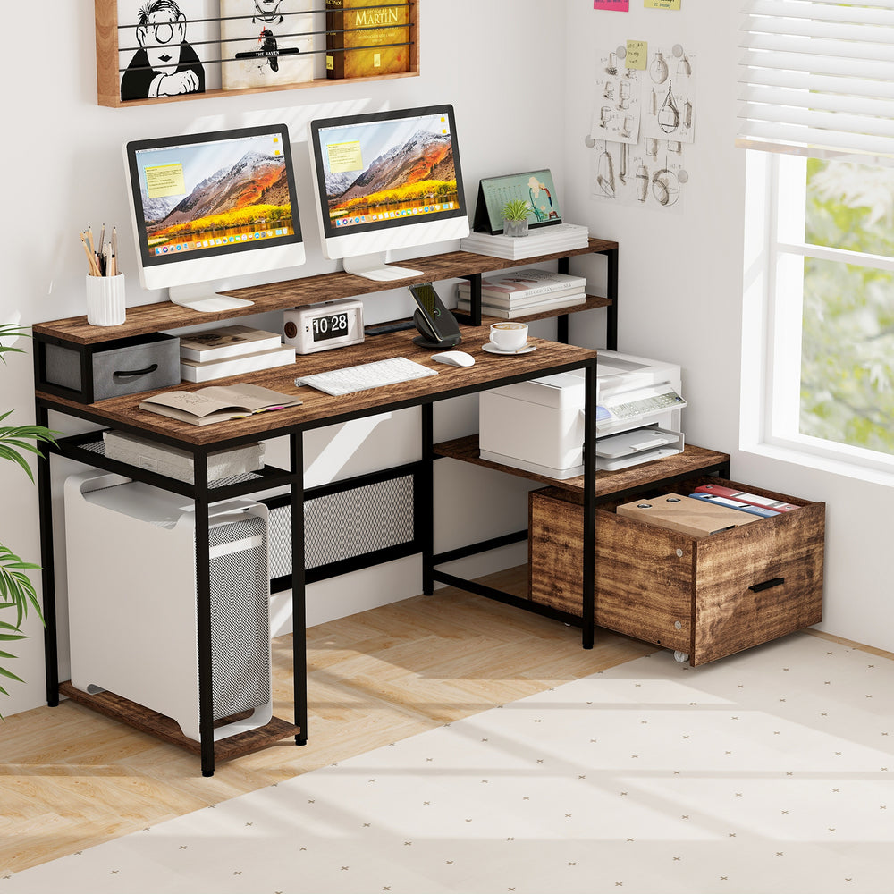 67 Inch Computer Desk with Monitor Stand & File Drawer-Rustic Brown - Gallery View 1 of 10
