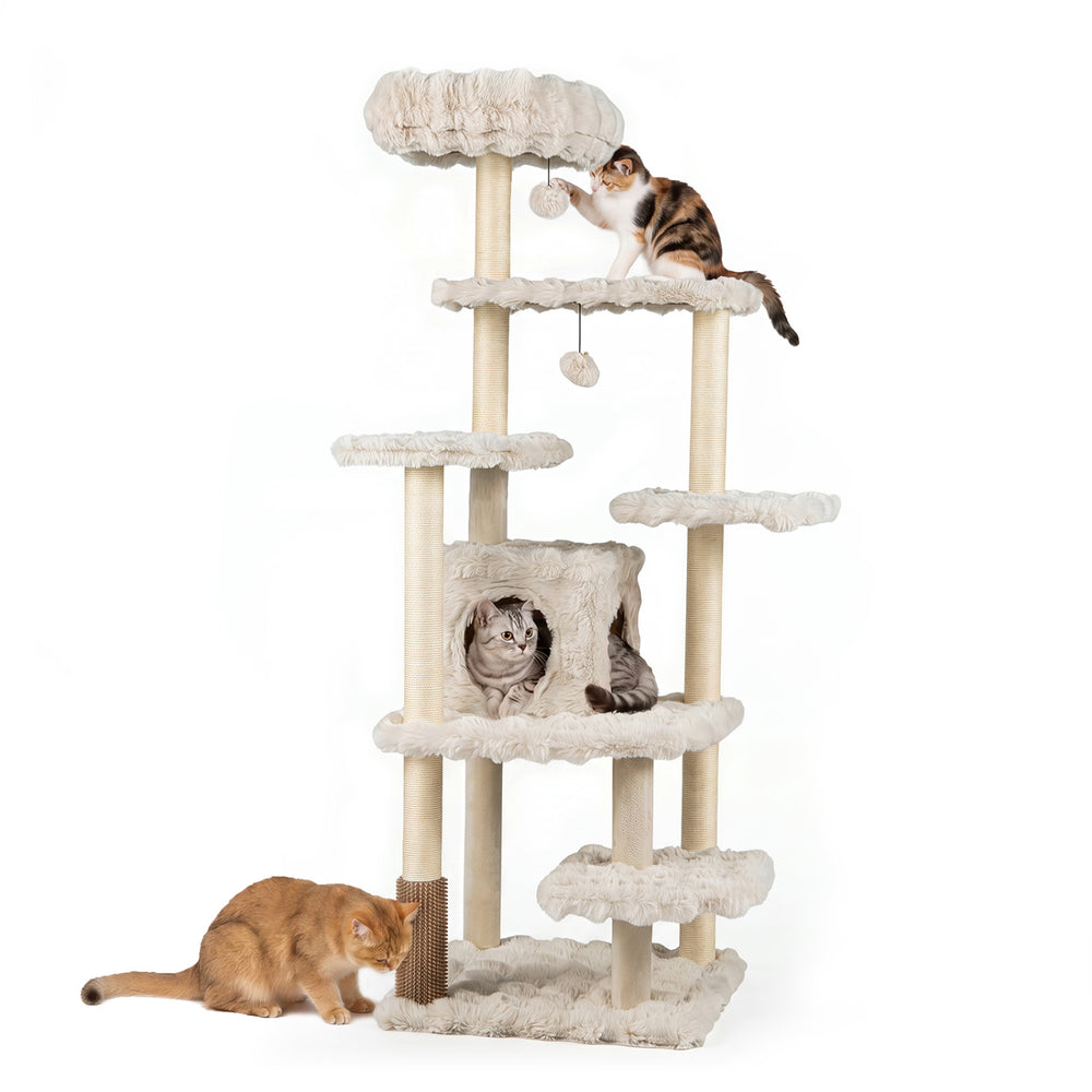 Multi-level 67-inch beige cat tree featuring a large condo, padded perch, and sisal scratching posts for healthy claws.