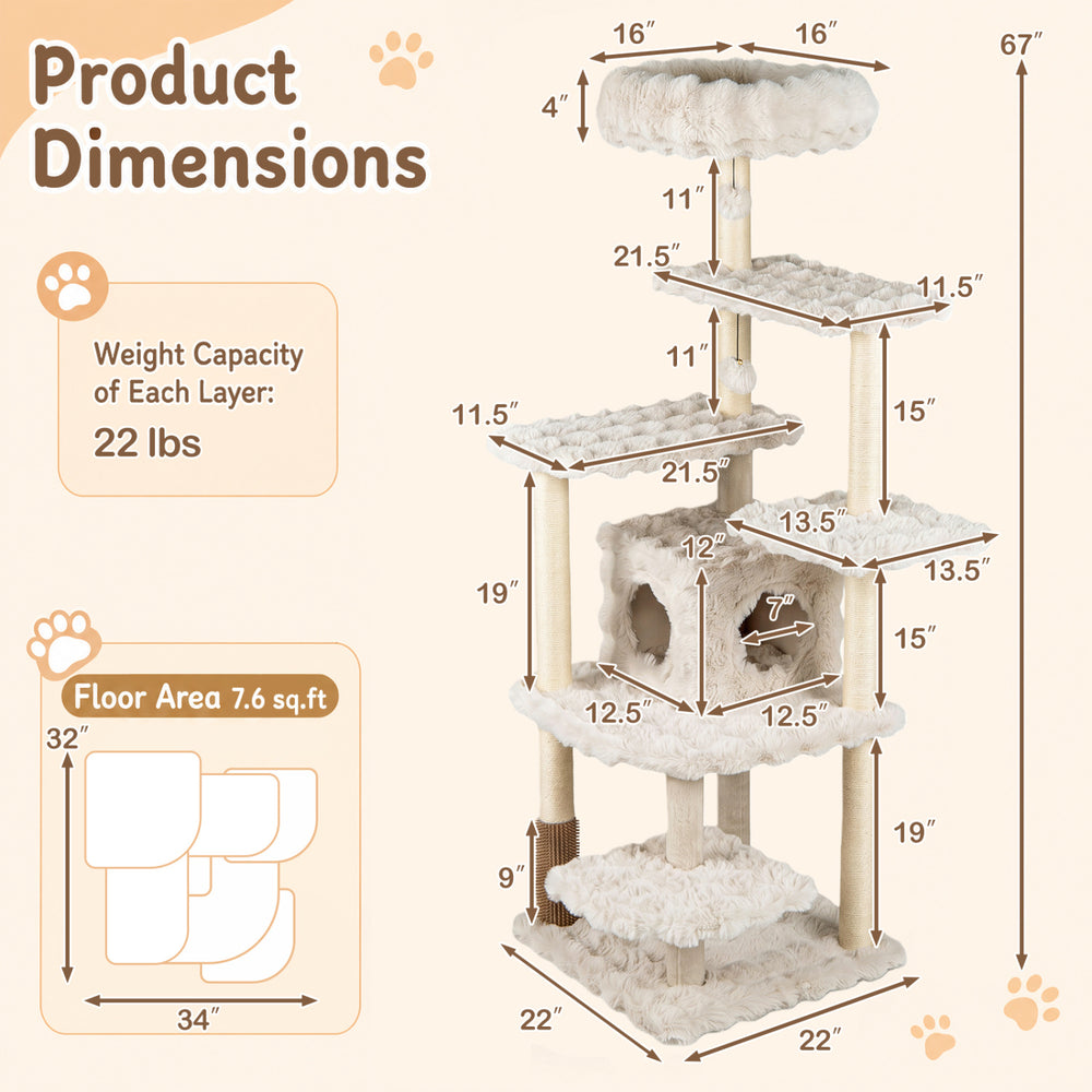 Multi-level 67-inch cat tree in beige features a large condo, padded perch, and sisal scratching posts for healthy claws.