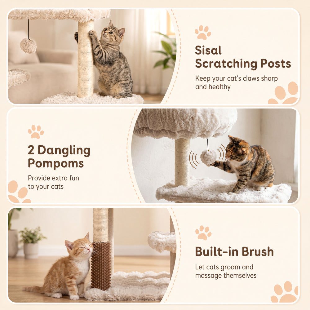 Multi-level 67 inch cat tree in beige features sisal scratching posts, dangling pompoms, and a built-in brush for grooming.