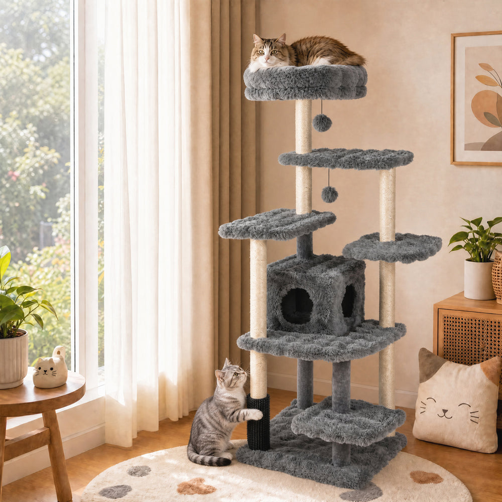 67 Inch Multi-level Cat Tree with Large Cat Condo and Padded Perch-Gray - Gallery View 1 of 10
