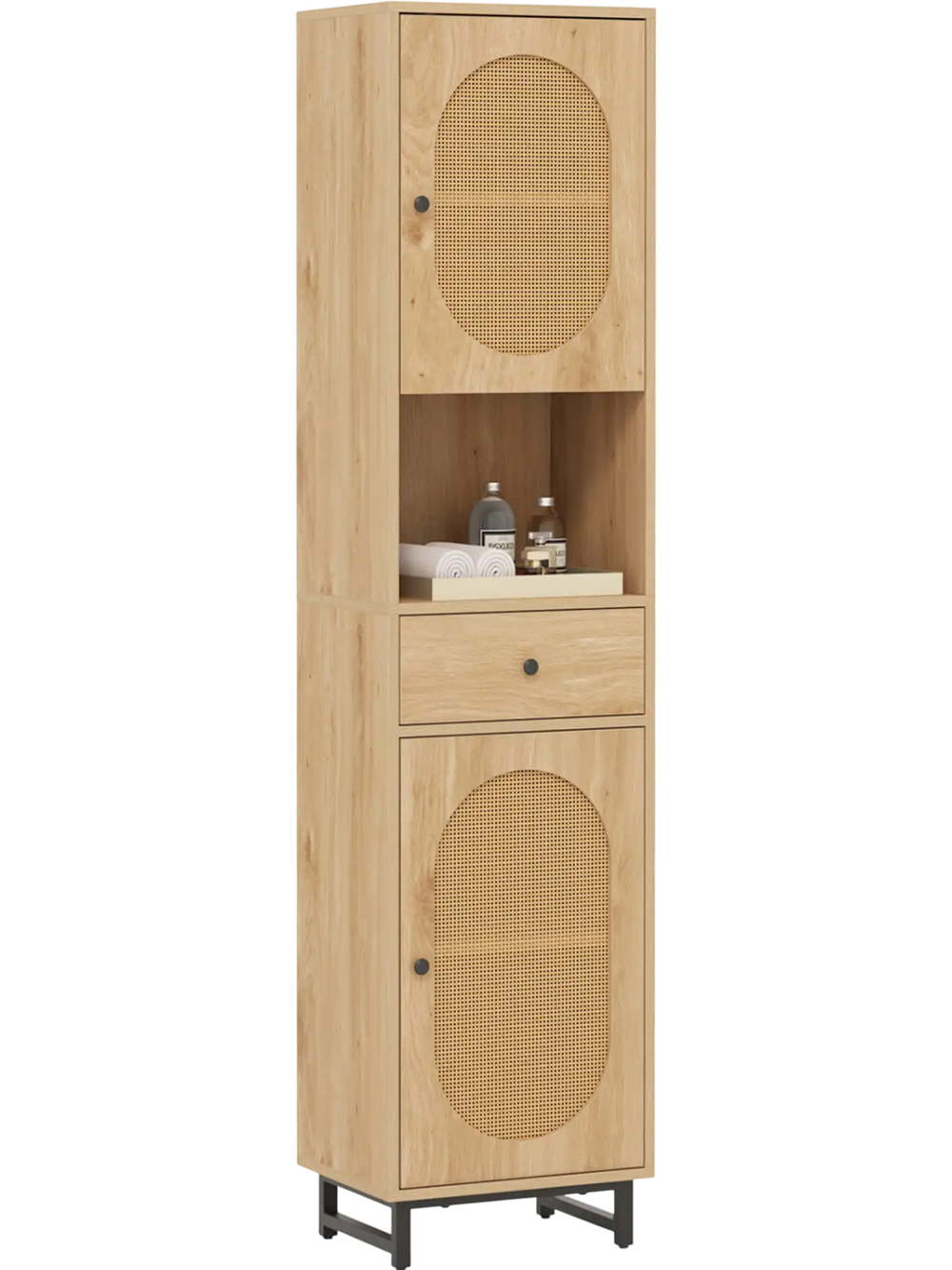 67-inch tall bathroom cabinet with PE rattan doors, adjustable shelves, and a drawer for stylish storage in small.