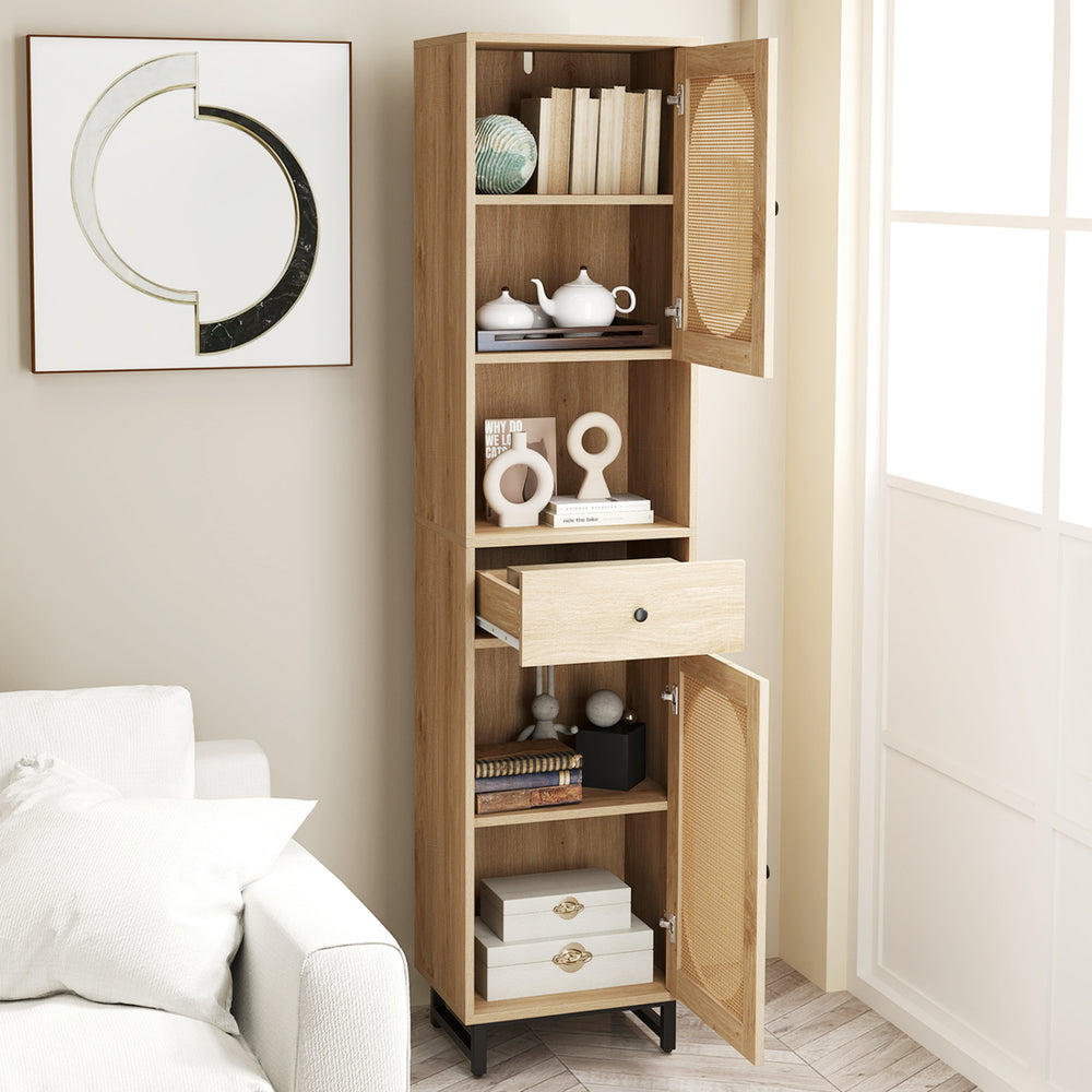 67-inch tall bathroom cabinet with PE rattan design, featuring 2 doors, a drawer, and adjustable shelves for storage.