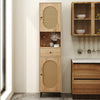 Narrow bathroom cabinet showcasing a unique PE rattan design, featuring a drawer and an open compartment for versatile.