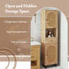 67-inch tall bathroom cabinet with 2 doors, open compartment, and pull-out drawer for stylish storage in small spaces.
