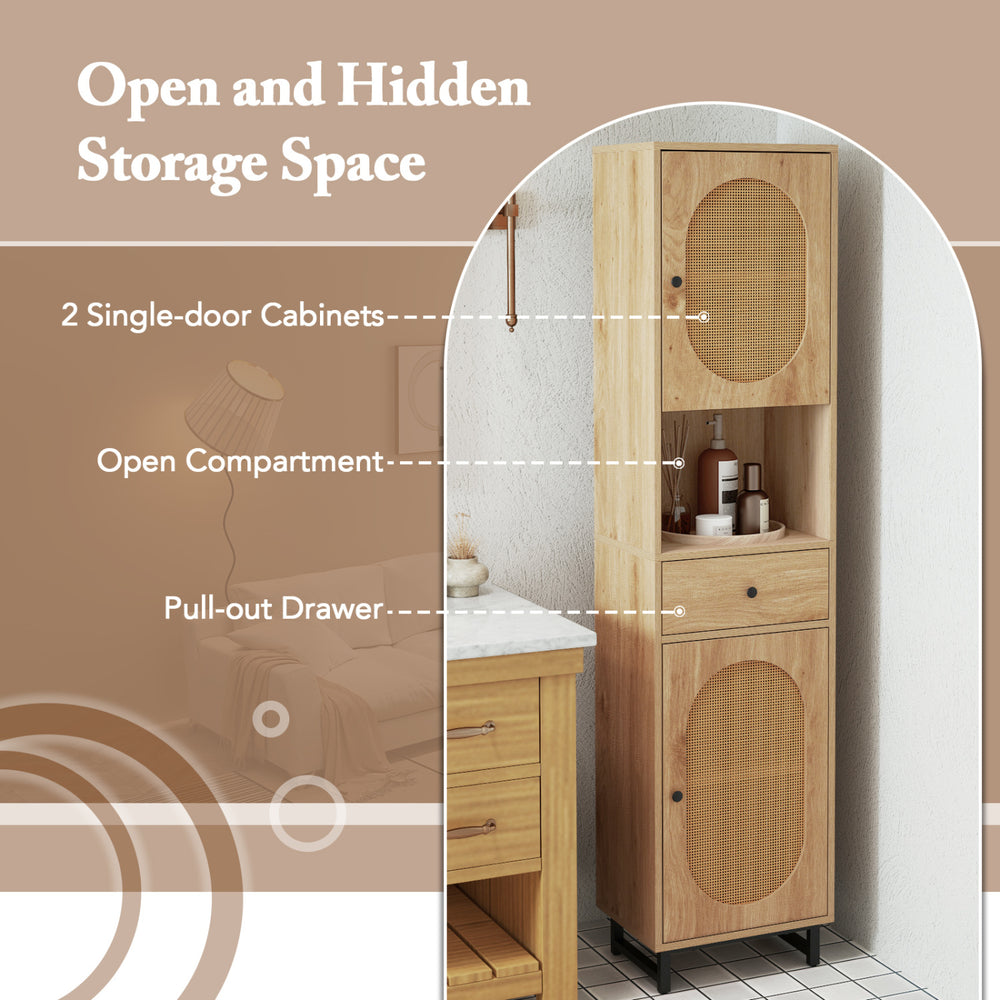 67-inch tall bathroom cabinet with 2 doors, open compartment, and pull-out drawer for stylish storage in small spaces.