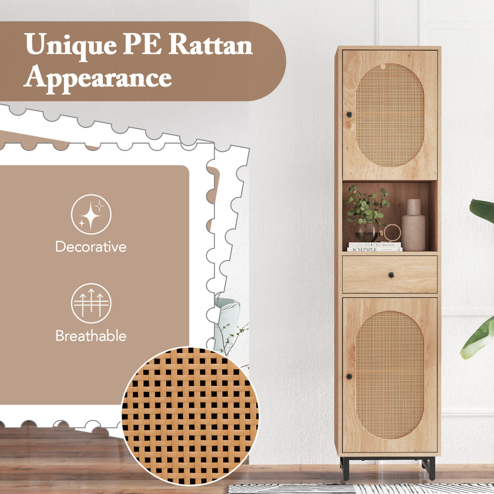 67-inch tall bathroom cabinet with unique PE rattan appearance, featuring 2 doors, a drawer, and ample storage space.