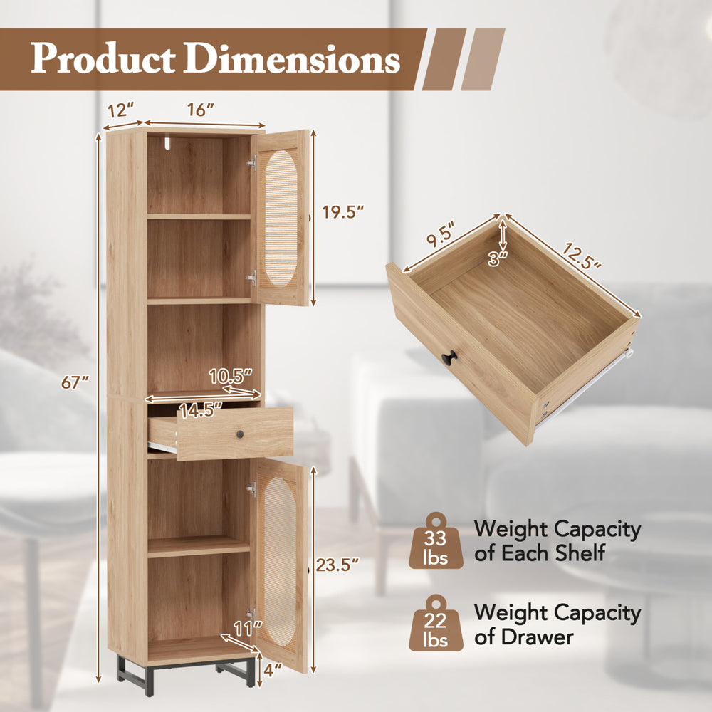 67-inch tall bathroom cabinet with PE rattan doors, featuring adjustable shelves and a drawer for versatile storage.