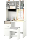 67-inch tall white vanity set with mirror, adjustable shelves, and charging station for makeup and accessories.