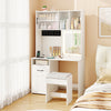 Vanity set with mirror and charging station, featuring adjustable shelves, storage drawer, and soft-padded stool in.