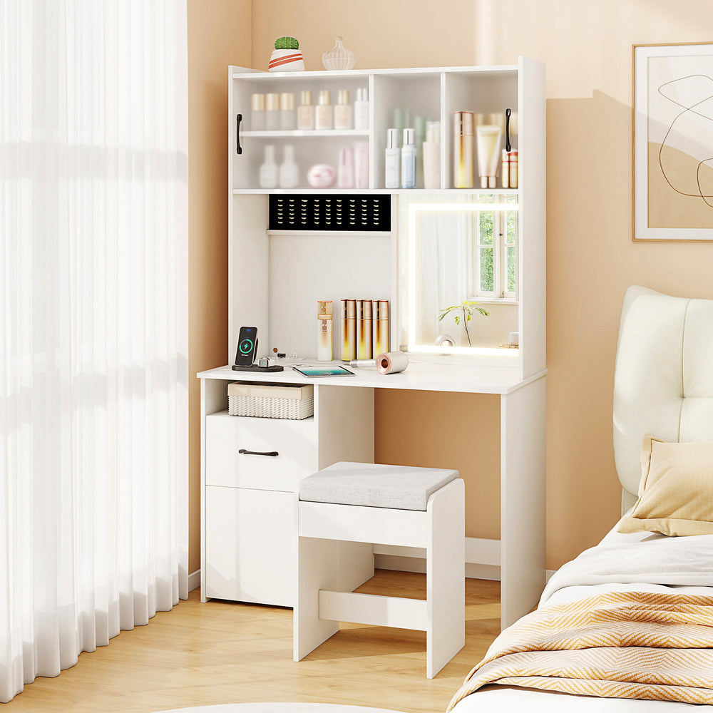 Vanity set with mirror and charging station, featuring adjustable shelves, storage drawer, and soft-padded stool in.