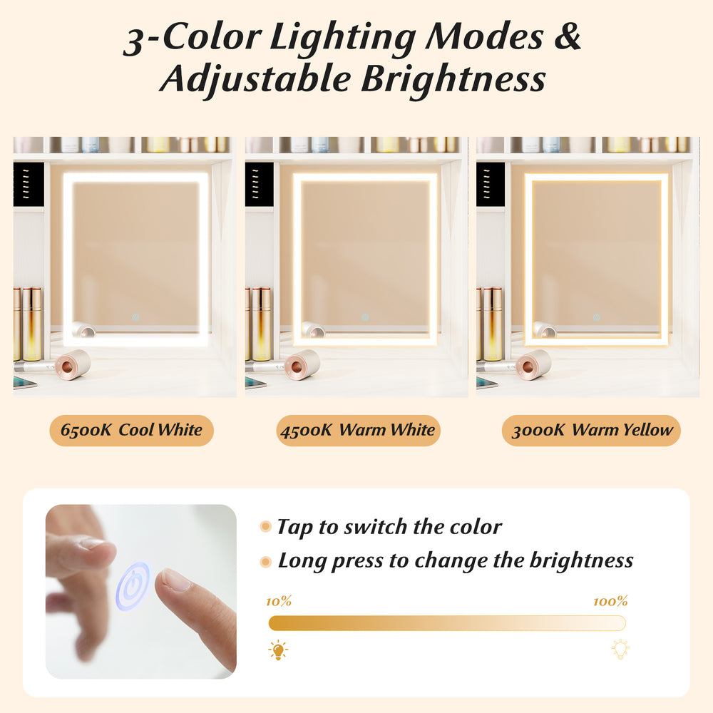Vanity set with adjustable 3-color lighting, spacious storage, and built-in charging station for makeup organization.