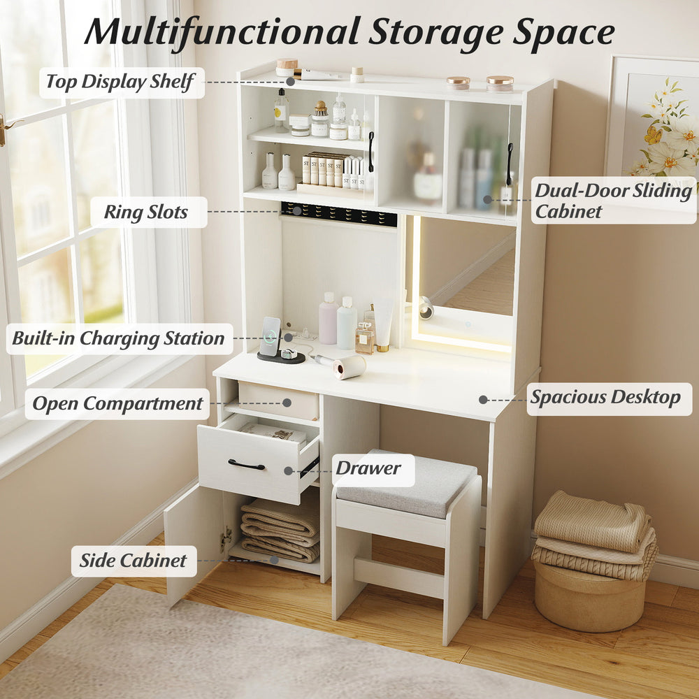67-inch tall white vanity set with mirror, spacious desktop, built-in charging station, and adjustable shelves for.