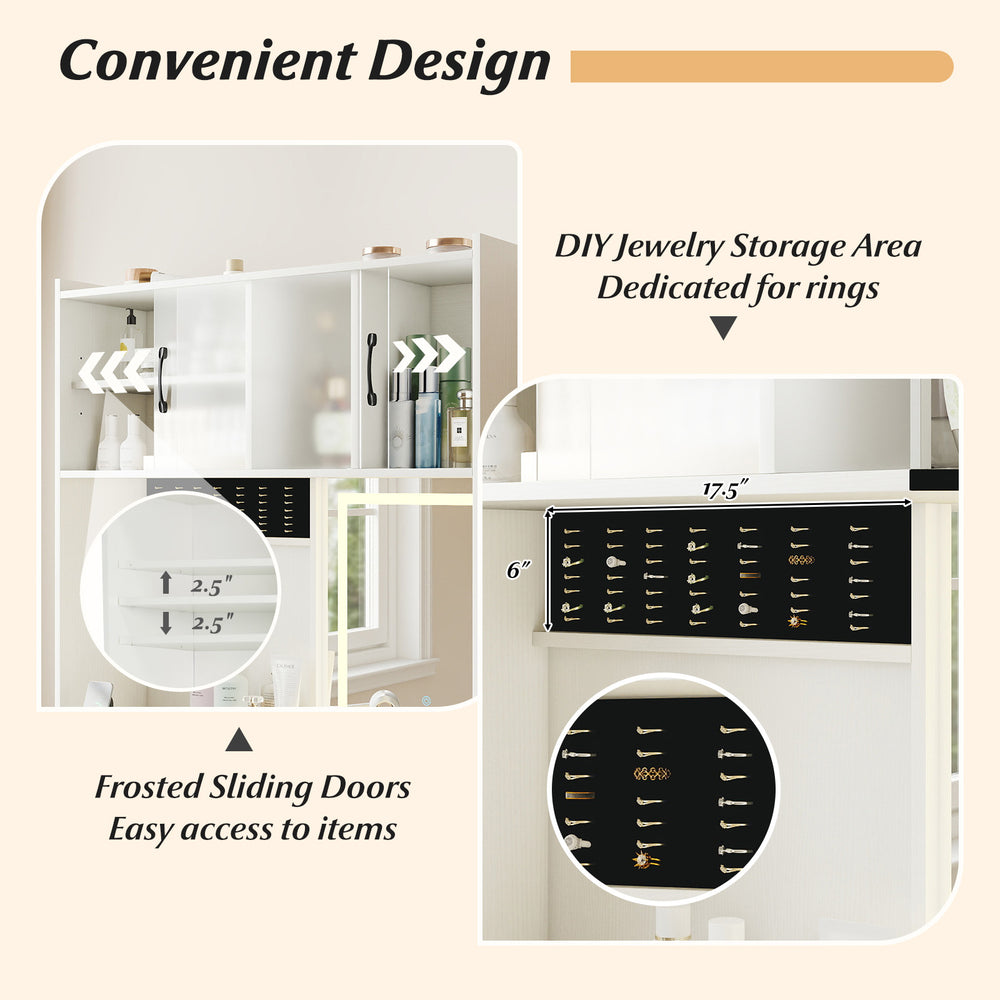 Vanity set with sliding frosted doors, jewelry storage, and adjustable shelves for organized makeup and accessories.