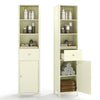 Narrow 67-inch tall beige bathroom cabinet with fluted door, featuring open shelves and a pull-out drawer for storage.