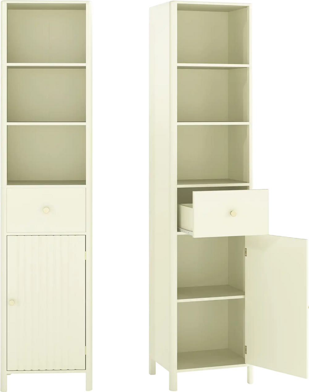 Narrow 67-inch tall beige bathroom cabinet with fluted door, featuring 3 open shelves and a pull-out drawer for storage.