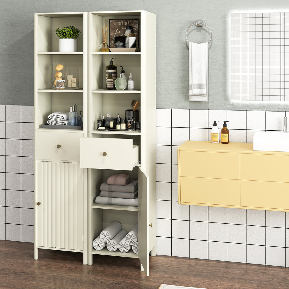 Narrow 67-inch beige bathroom cabinet with fluted doors, open shelves, and pull-out drawer for stylish storage.