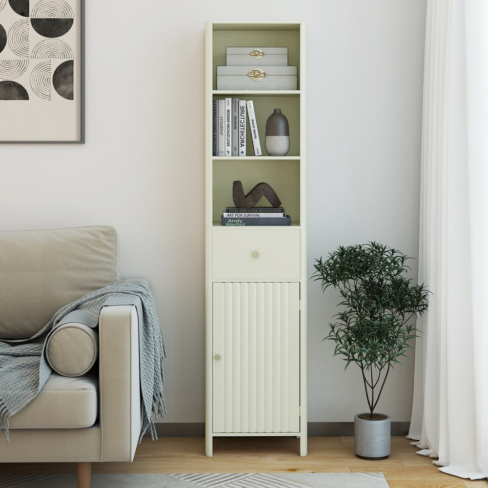 Narrow 67-inch tall beige cabinet with fluted door and adjustable shelves, perfect for stylish bathroom organization.