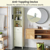 Narrow 67-inch tall beige bathroom cabinet with fluted door, featuring open shelves and anti-tipping device for.