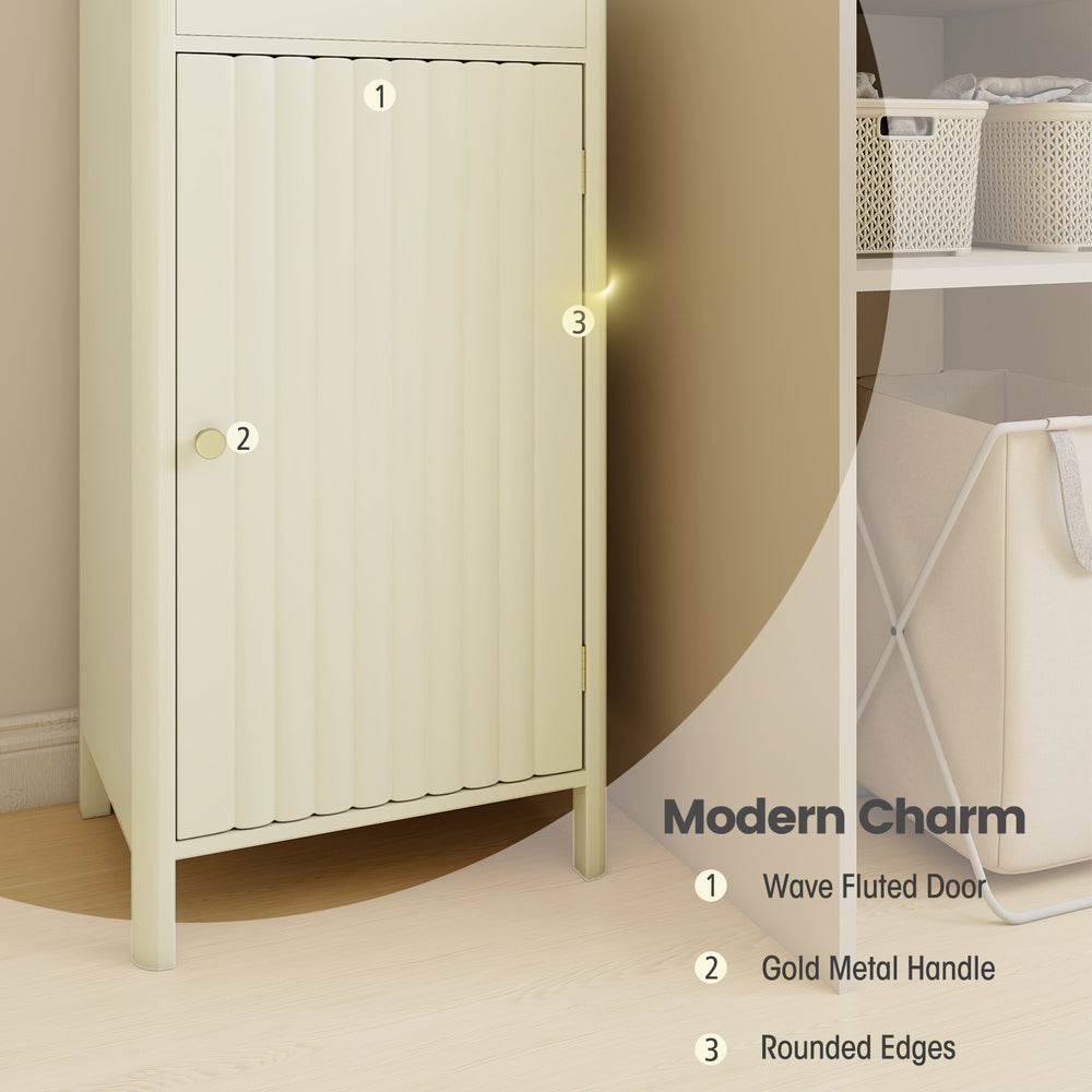 Narrow 67-inch tall beige bathroom cabinet with fluted door, gold metal handle, and rounded edges for elegant storage.