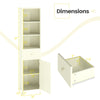 Narrow 67-inch beige bathroom cabinet with fluted door, featuring 3 open shelves and a pull-out drawer for storage.
