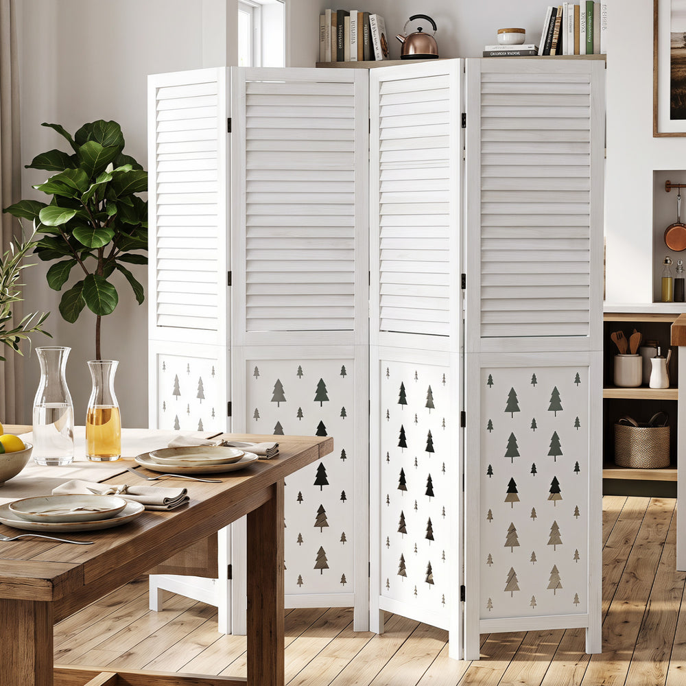 Wood room divider with tree patterns, 67" tall, made of stable paulownia wood, perfect for privacy in any indoor space.